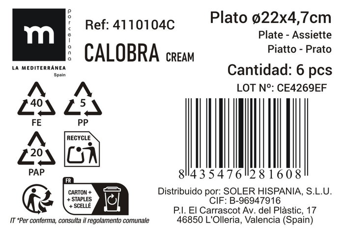 La Mediterranea Plato Hondo Calobra Crema Ø22 x 4.7 cm (18 Unidades)