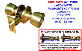 AVL Pomo Latón Mate Picaporte 60 y 70 mm Condena 102T