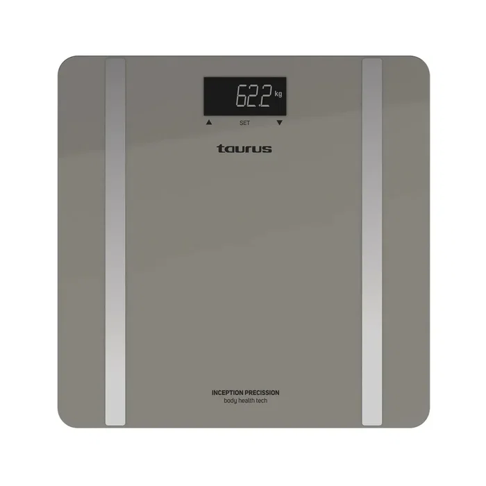 Taurus Inception Precission - Báscula de baño inteligente electrónica, mide peso, % grasa y agua corporal, LCD, vidrio templado gris, 180kg, 10 memorias