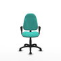 Silla de oficina Algarra con mecanismo Contacto permanente básico tapizada con Similpiel color Turquesa. Equipada con Base poliamida negra, Brazos fijos y Ruedas autofrenantes