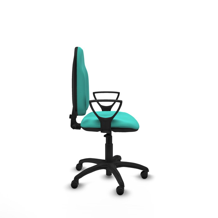 Silla de oficina Algarra con mecanismo Contacto permanente básico tapizada con Similpiel color Turquesa. Equipada con Base poliamida negra, Brazos fijos y Ruedas autofrenantes Silla de oficina Algarra con mecanismo Contacto permanente básico tapizada con Similpiel color Turquesa. Equipada con Base poliamida negra, Brazos fijos y Ruedas autofrenantes