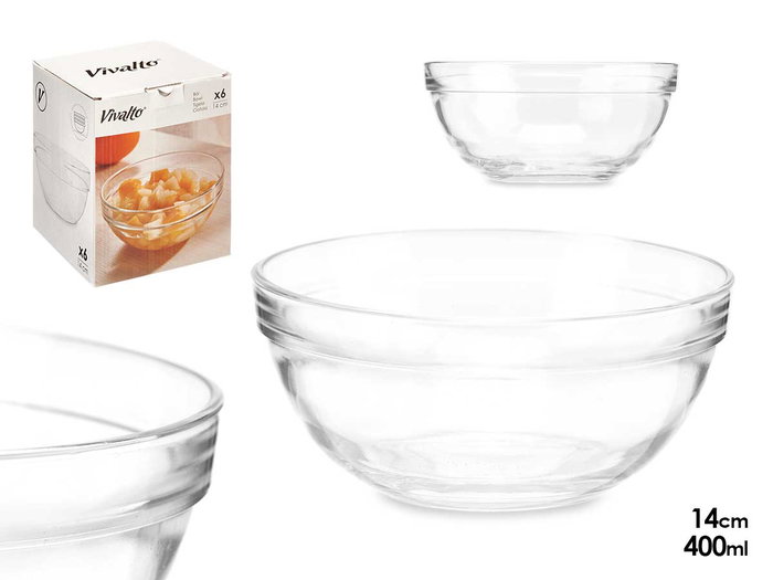 Vivalto Bol Vidrio Apilable Transparente 14 cm Capacidad 400 ml (Set de 48) Vivalto Bol Vidrio Apilable Transparente 14 cm Capacidad 400 ml (Set de 48)