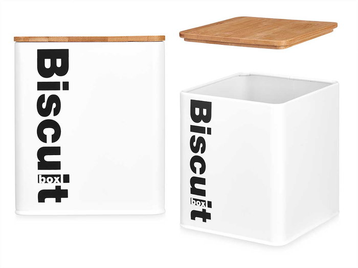 Kinvara Bote Metal Cuadrado Biscuit Blanco Tapa Bambú 14.4 x 16.5 x 14.4 cm (Set de 6)