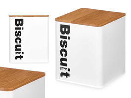 Kinvara Bote Metal Cuadrado Biscuit Blanco Tapa Bambú 14.4 x 16.5 x 14.4 cm (Set de 6)