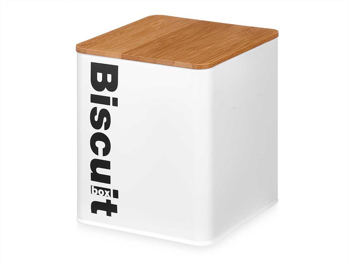 Kinvara Bote Metal Cuadrado Biscuit Blanco Tapa Bambú 14.4 x 16.5 x 14.4 cm (Set de 6)