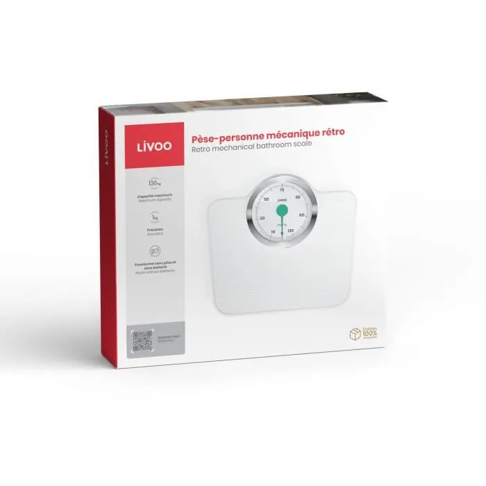 Livoo DOM490 Báscula de Baño Mecánica Retro, Sin Batería, Máx. 136 kg, Metal Antideslizante - Blanco