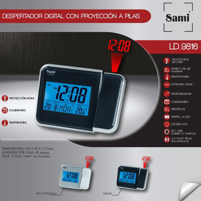SAMI Despertador LCD con Proyección, Negro - Funciona a Pilas