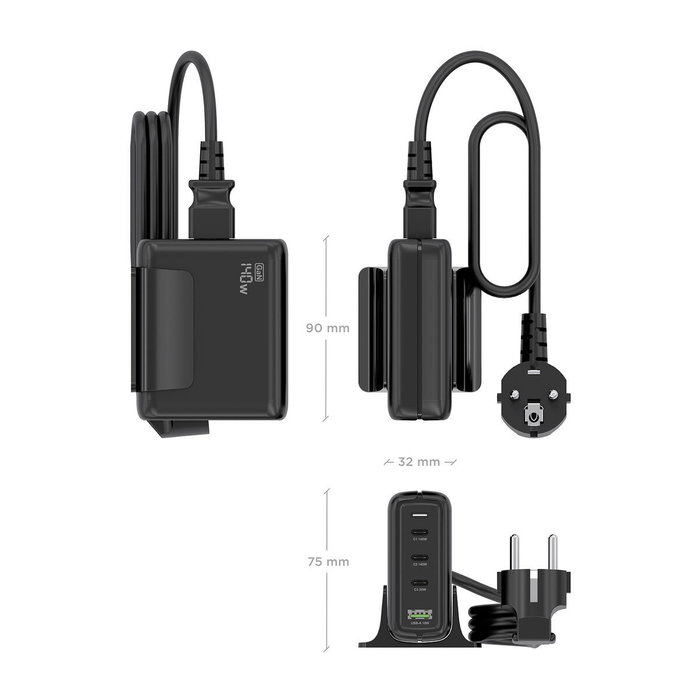 Aisens Cargador Sobremesa GaN 140W 3xUSB-C y 1xUSB-A Negro
