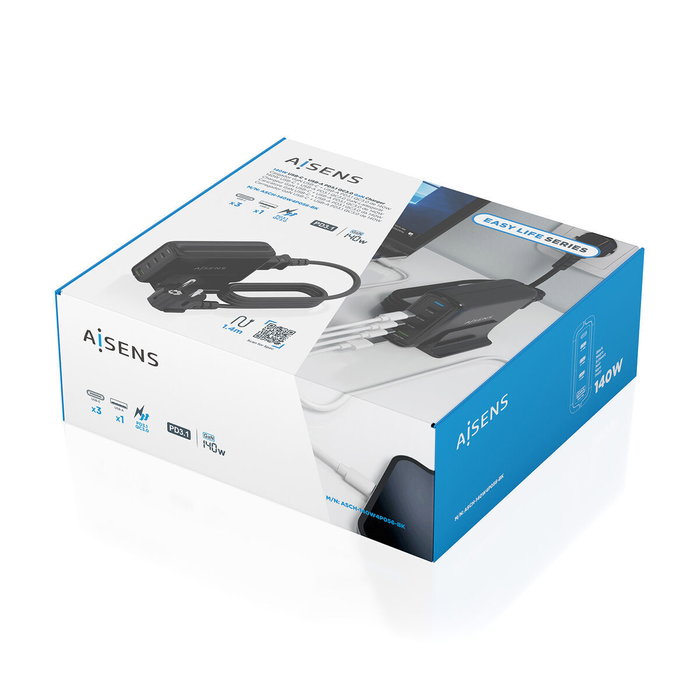 Aisens Cargador Sobremesa GaN 140W 3xUSB-C y 1xUSB-A Negro