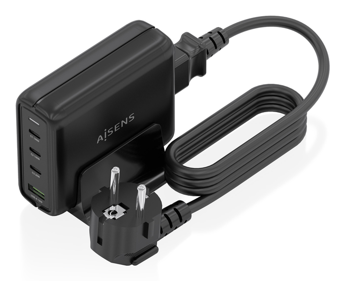 AISENS Cargador de Sobremesa GaN 140W, Negro, 3 Puertos USB-C PD3.1/QC4/QC5 + 1 USB-A QC3.0, Carga Rápida para Laptop, Móvil, Tablet