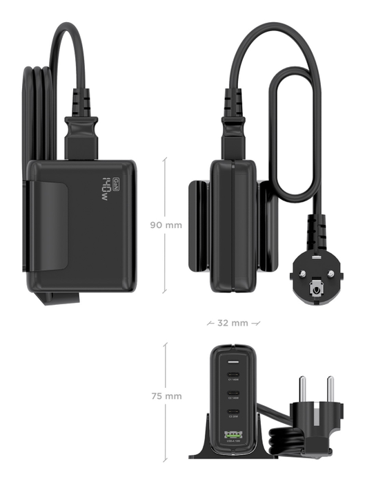 AISENS Cargador de Sobremesa GaN 140W, Negro, 3 Puertos USB-C PD3.1/QC4/QC5 + 1 USB-A QC3.0, Carga Rápida para Laptop, Móvil, Tablet