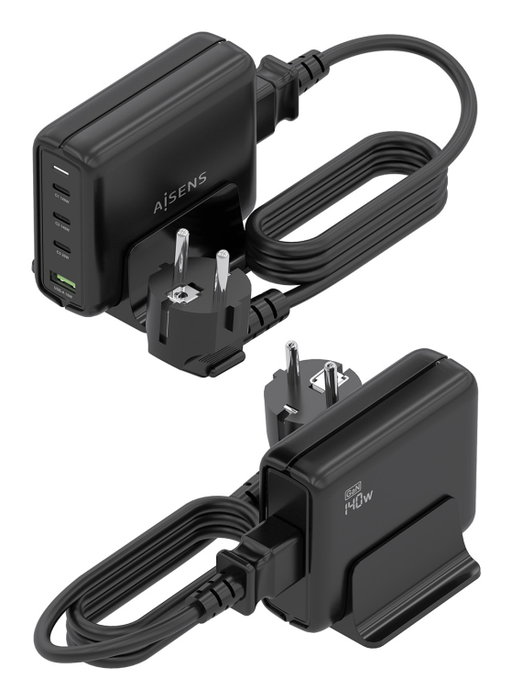 AISENS Cargador de Sobremesa GaN 140W, Negro, 3 Puertos USB-C PD3.1/QC4/QC5 + 1 USB-A QC3.0, Carga Rápida para Laptop, Móvil, Tablet