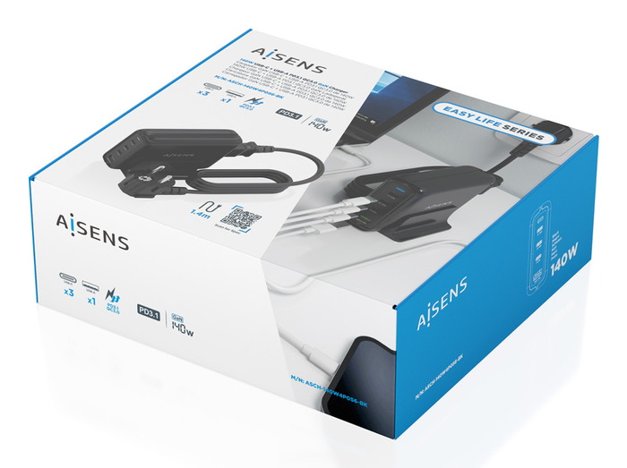 AISENS Cargador de Sobremesa GaN 140W, Negro, 3 Puertos USB-C PD3.1/QC4/QC5 + 1 USB-A QC3.0, Carga Rápida para Laptop, Móvil, Tablet