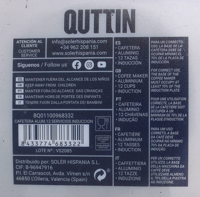Quttin Cafetera de Aluminio de 12 Servicios para Inducción