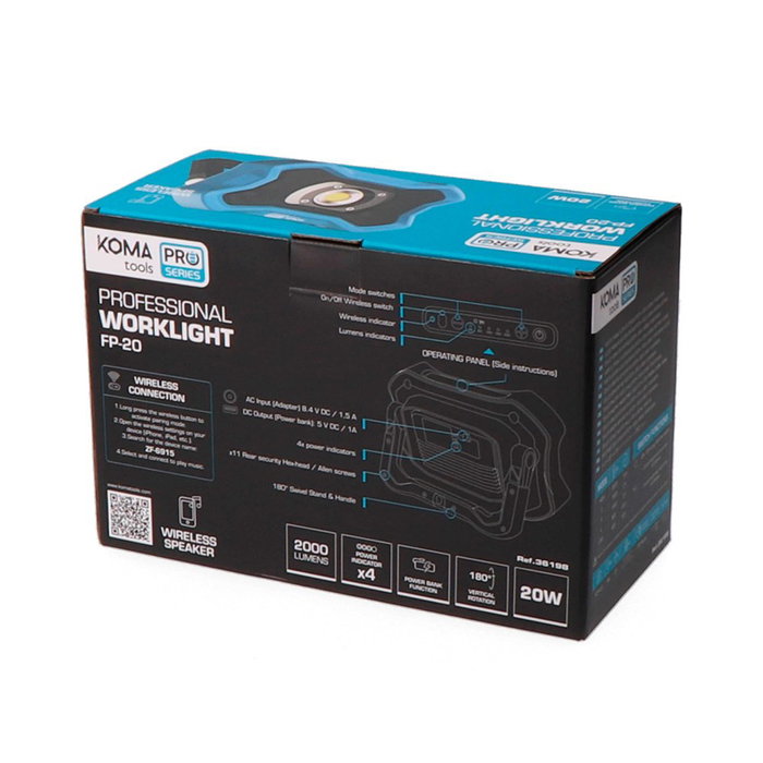 Koma Tools FP-20 Foco LED profesional de trabajo recargable con altavoz inalámbrico