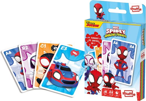 SHUFFLE Juego de Cartas 4 en 1 Disney Spidey, Cartamundi Shuffle Fun