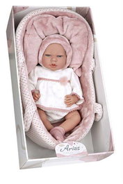 Muñecas Arias Muñeca Elegance Andie Rosa 40 cm con Capazo, Mecanismo de Llanto Try Me, Incluye Pilas, Edad 3+