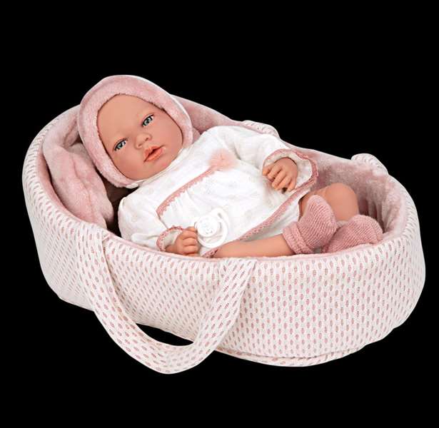 Muñecas Arias Muñeca Elegance Andie Rosa 40 cm con Capazo, Mecanismo de Llanto Try Me, Incluye Pilas, Edad 3+