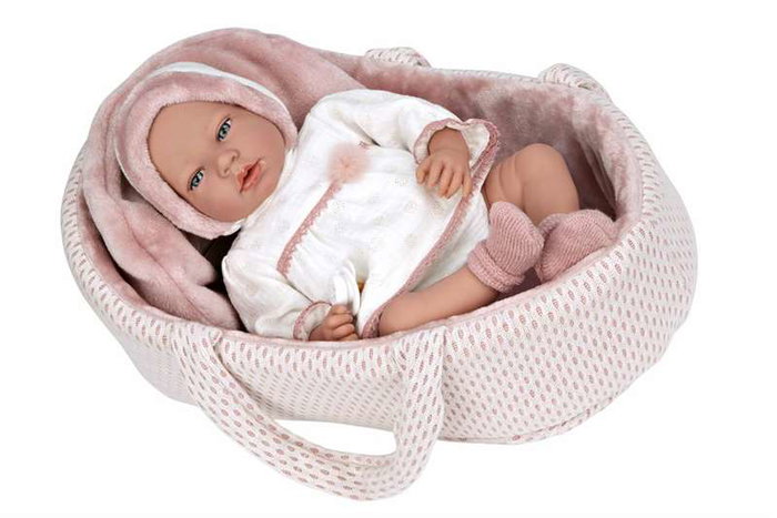 Muñecas Arias Muñeca Elegance Andie Rosa 40 cm con Capazo, Mecanismo de Llanto Try Me, Incluye Pilas, Edad 3+