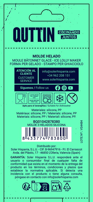 Quttin Molde para 3 Helados de Silicona 19.5x14.5x2.5 cm (24 Unidades)