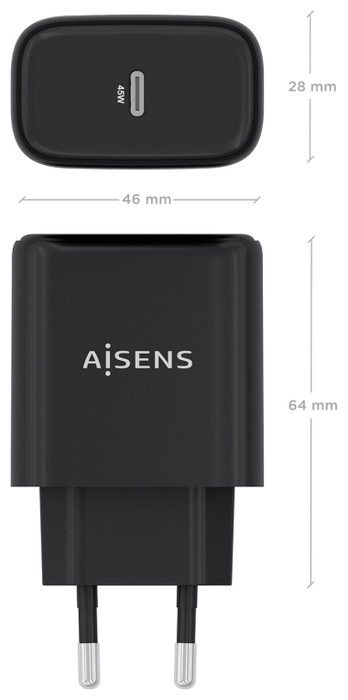 AISENS Cargador GaN 45W con 1xUSB-C PD3.0, Negro