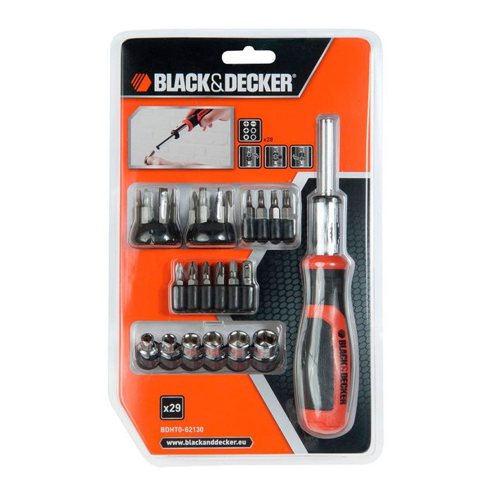 Black+Decker Juego Multipuntas con Carraca 29 Piezas Mecanismo de 3 Posiciones Empuñadura Ergonómica Vasos Cromo Vanadio