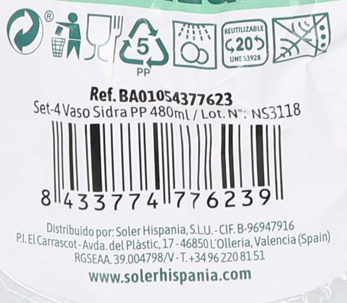 Algon Set 4 Vaso Sidra PP 480ml (50 Unidades)