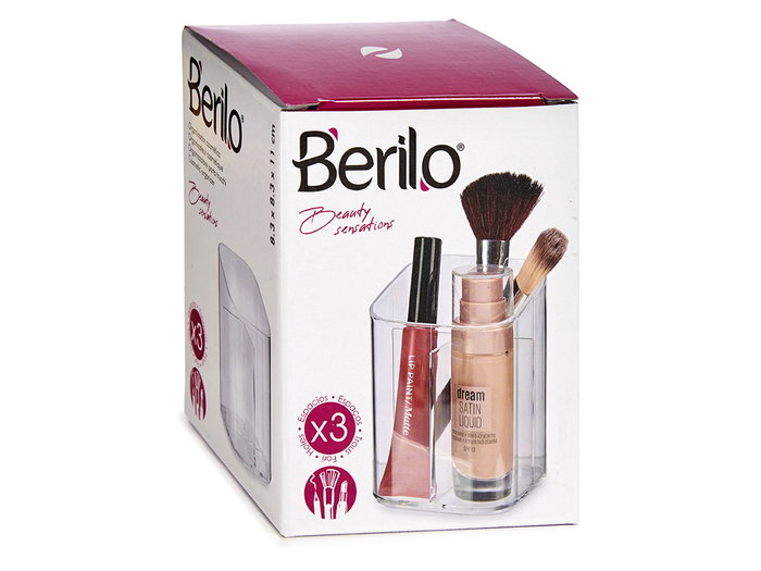 Berilo Organizador Cuadrado Alto 3 Huecos Transparente Plástico 8.3x11.5x8.3 cm (Set de 12)