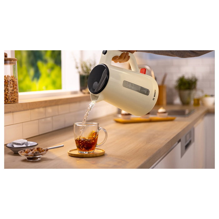 Bosch Tetera Eléctrica TWK1M127, 1.7 Litros, 2400W, Apagado Automático, Base Giratoria, Color Crema y Antracita