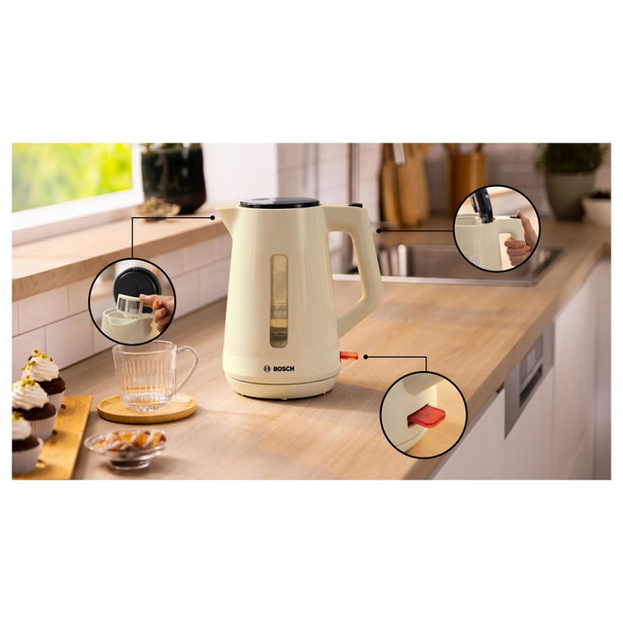 Bosch Tetera Eléctrica TWK1M127, 1.7 Litros, 2400W, Apagado Automático, Base Giratoria, Color Crema y Antracita