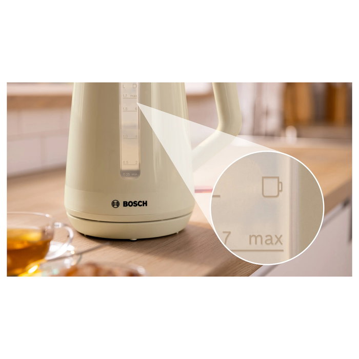 Bosch Tetera Eléctrica TWK1M127, 1.7 Litros, 2400W, Apagado Automático, Base Giratoria, Color Crema y Antracita