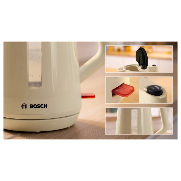 Bosch Tetera Eléctrica TWK1M127, 1.7 Litros, 2400W, Apagado Automático, Base Giratoria, Color Crema y Antracita