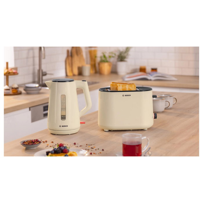 Bosch Tetera Eléctrica TWK1M127, 1.7 Litros, 2400W, Apagado Automático, Base Giratoria, Color Crema y Antracita
