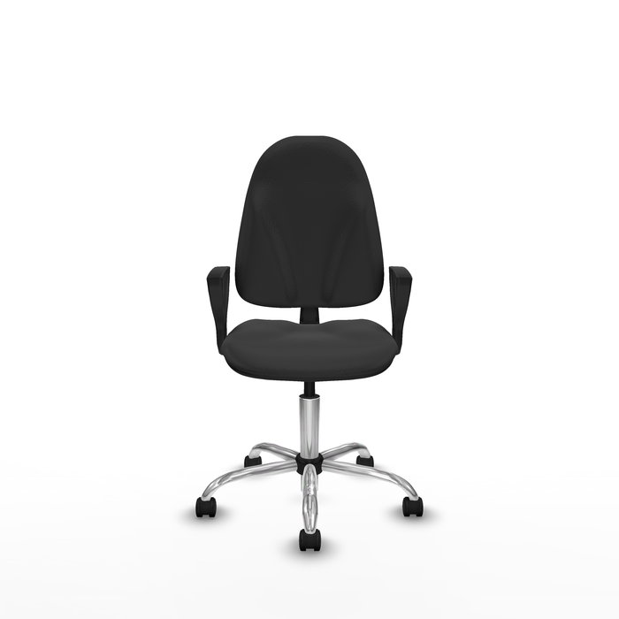 Silla de oficina Algarra con mecanismo Contacto permanente básico tapizada con Similpiel color Gris oscuro. Equipada con Base cromada, Brazos fijos y Ruedas de nailon 50 mm