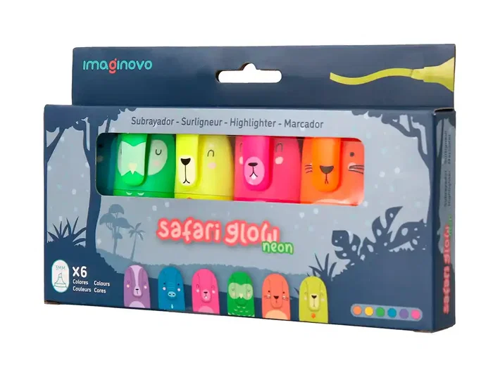 Imaginovo Rotulador fluorescente Safari Glow Neon Animales y Clip Caja de 6 Unidades Surtidas