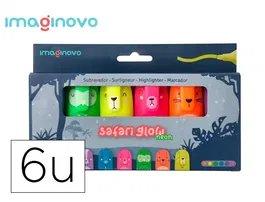 Imaginovo Rotulador fluorescente Safari Glow Neon Animales y Clip Caja de 6 Unidades Surtidas