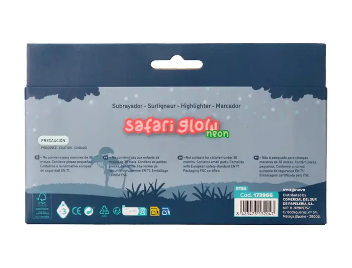 Imaginovo Rotulador fluorescente Safari Glow Neon Animales y Clip Caja de 6 Unidades Surtidas