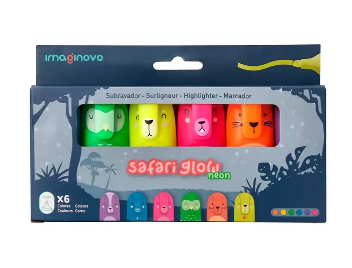 Imaginovo Rotulador fluorescente Safari Glow Neon Animales y Clip Caja de 6 Unidades Surtidas