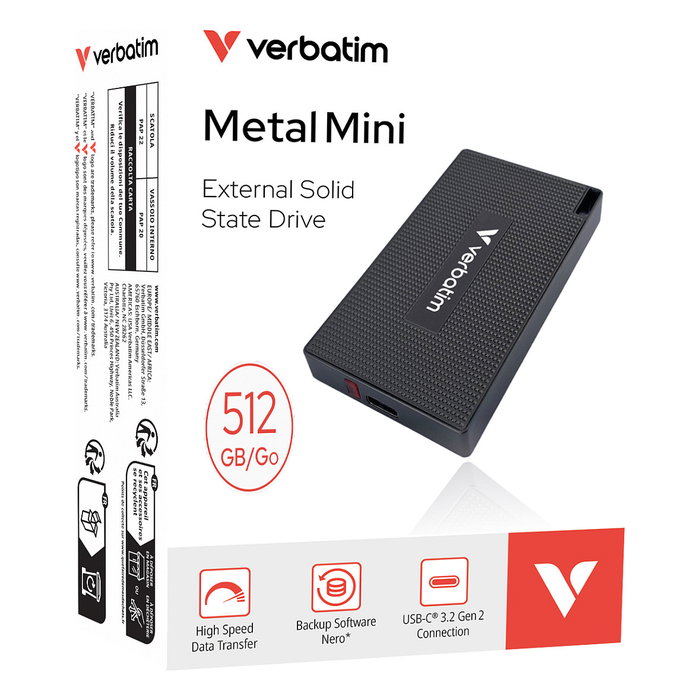 Verbatim 32030 Mini SSD Externo USB C 512GB Gris Metal, USB 3.2 Gen 2x2, 2000 MB/s Lectura, Incluye Cable USB-C y Software Nero
