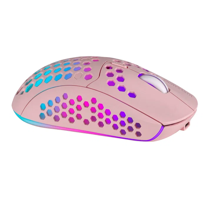 Mars Gaming MMW3P Ratón Gaming Inalámbrico Ultraligero para Mano Derecha, Sensor Óptico 3200 DPI, Iluminación RGB Flow, Batería Recargable, Color Rosa, MMW3P