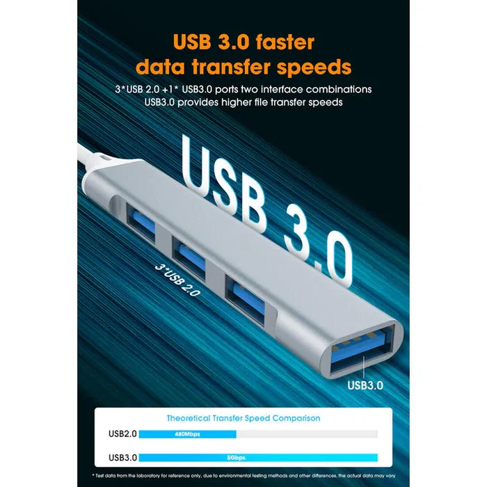 Genérico HUB USB3.0 Hub USB de 4 Puertos USB 3.0 con Cable de Alta Velocidad para Ordenador, PC y Portátil - Aleación de Aluminio - Color Plata/Gris - Certificación CE ROHS FCC