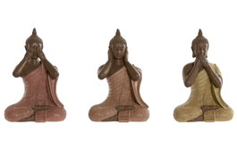 DKD Home Decor Set de 3 Figuras de Buda en Resina, Colores Coral, Lima y Naranja
