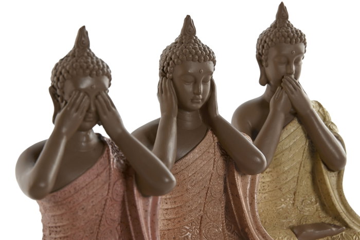 DKD Home Decor Set de 3 Figuras de Buda en Resina, Colores Coral, Lima y Naranja