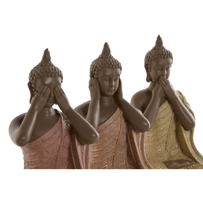 DKD Home Decor Set de 3 Figuras de Buda en Resina, Colores Coral, Lima y Naranja