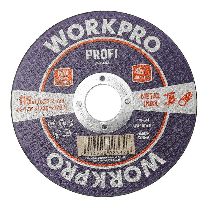 Workpro Disco de corte T41 Profi para acero inoxidable y metal, Ø115 x 1.6 x 22.2 mm, máximo 80 m/s, 13.300 rpm, reforzado con fibra de vidrio Workpro Disco de corte T41 Profi para acero inoxidable y metal, Ø115 x 1.6 x 22.2 mm, máximo 80 m/s, 13.300 rpm, reforzado con fibra de vidrio