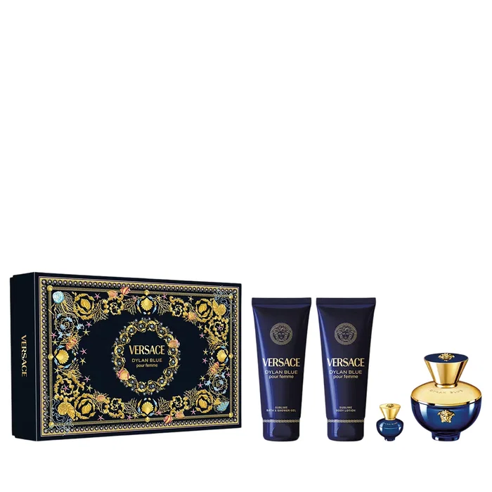 Versace Dylan Blue Set con Eau De Parfum, Loción, Gel de Ducha y Eau De Toilette Versace Dylan Blue Set con Eau De Parfum, Loción, Gel de Ducha y Eau De Toilette