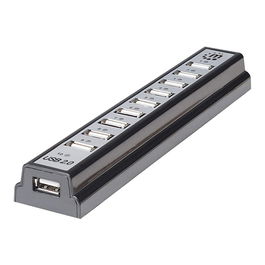 MANHATTAN Hub USB de sobremesa 10 Puertos USB 2.0, 480 Mbps, Negro/Plata, con alimentacion externa, Plug and Play, para Windows/Mac