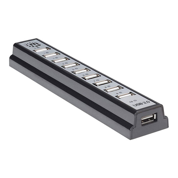 MANHATTAN Hub USB de sobremesa 10 Puertos USB 2.0, 480 Mbps, Negro/Plata, con alimentacion externa, Plug and Play, para Windows/Mac