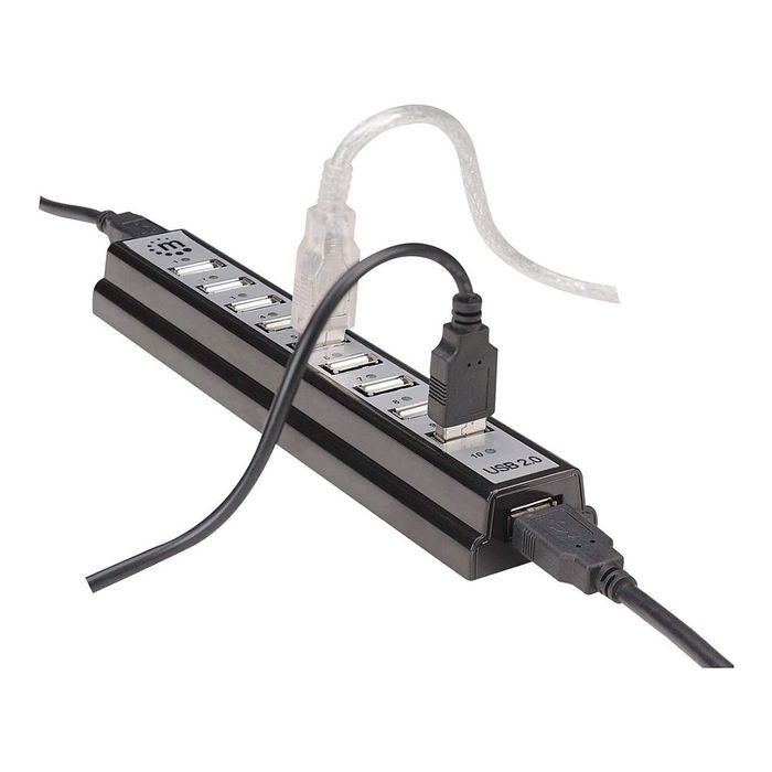 MANHATTAN Hub USB de sobremesa 10 Puertos USB 2.0, 480 Mbps, Negro/Plata, con alimentacion externa, Plug and Play, para Windows/Mac