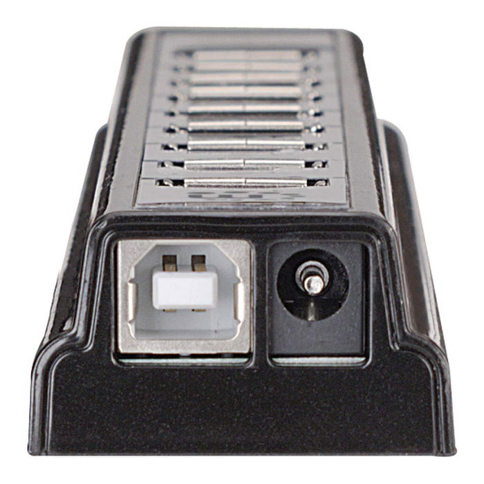 MANHATTAN Hub USB de sobremesa 10 Puertos USB 2.0, 480 Mbps, Negro/Plata, con alimentacion externa, Plug and Play, para Windows/Mac